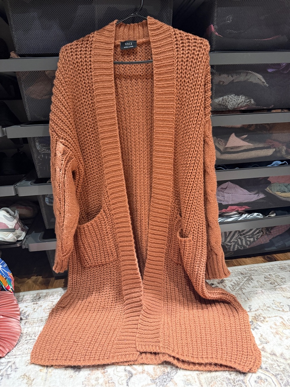 Vici Rust Open-Front Chunky Knit Cardigan